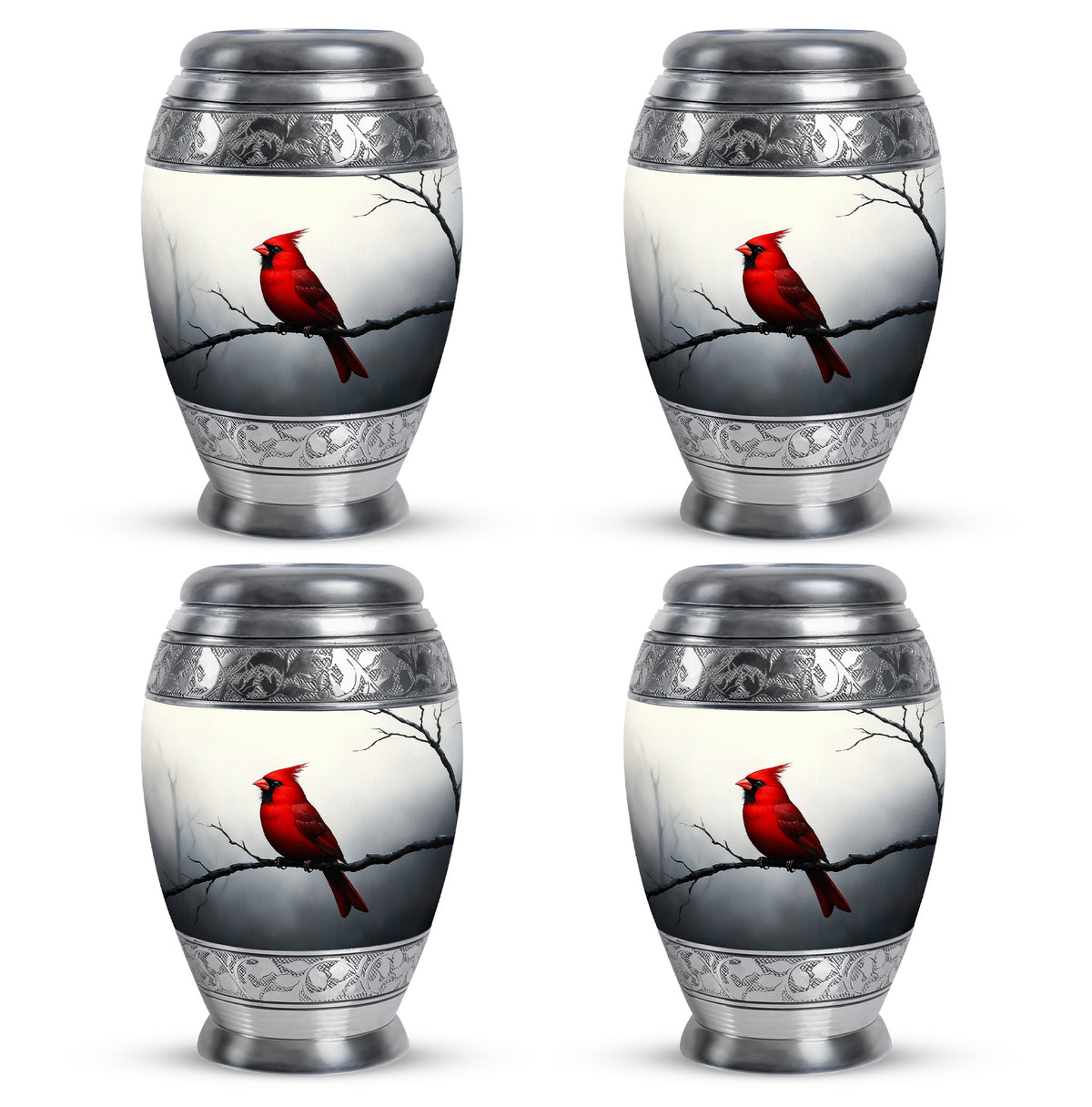 Satin Silver Cardinal Cremation Urn urn with complimentary velvet bag - regal cardinal design with crown-inspired accents - 10 inch aluminum urn for cremated remains