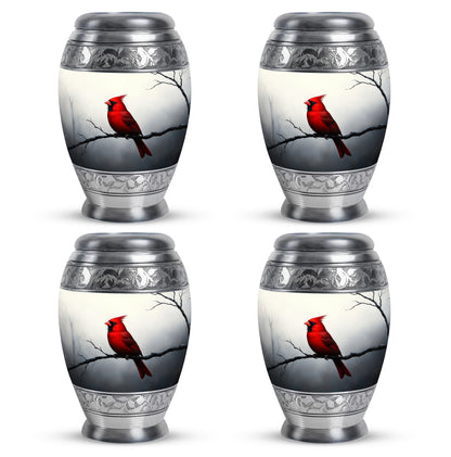 Satin Silver Cardinal Cremation Urn urn with complimentary velvet bag - regal cardinal design with crown-inspired accents - 10 inch aluminum urn for cremated remains