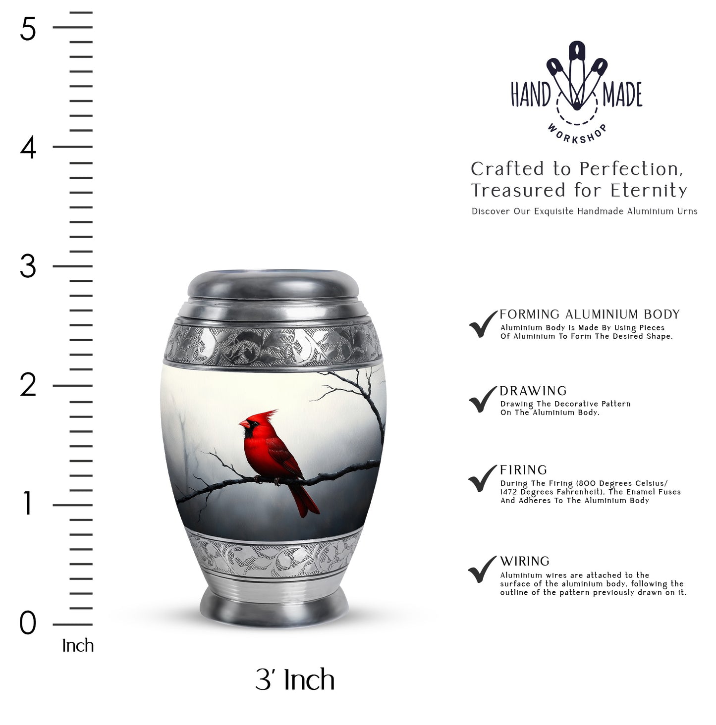 Gleaming Silver Cardinal Cremation Urn lifestyle display on memorial shelf - regal cardinal design with crown-inspired accents - mini keepsake memorial for portion of cremation ashes