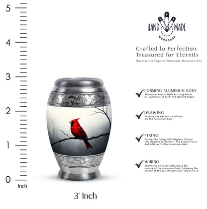 Gleaming Silver Cardinal Cremation Urn lifestyle display on memorial shelf - regal cardinal design with crown-inspired accents - mini keepsake memorial for portion of cremation ashes
