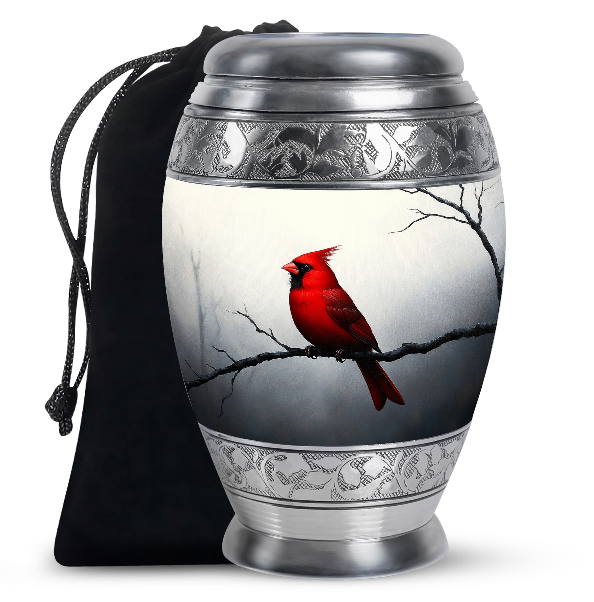 Frosted Silver Cardinal Cremation Urn back view with polished surface - majestic cardinal pattern with filigree border - full-size 10 inch 200 cubic inch adult cremation urn