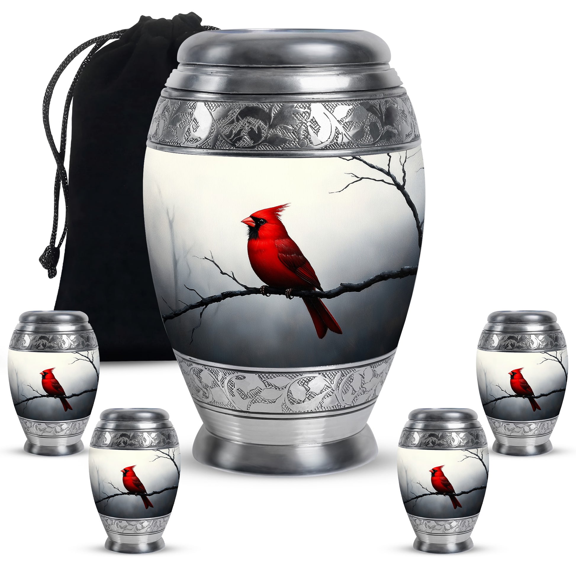 Brushed Silver Cardinal Cremation Urn detail view - ornate monarch-style cardinal relief on brushed aluminum - memorial set with one large and four small urns