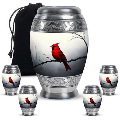 Brushed Silver Cardinal Cremation Urn detail view - ornate monarch-style cardinal relief on brushed aluminum - memorial set with one large and four small urns