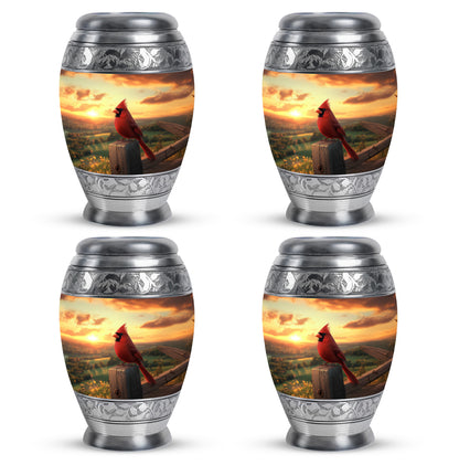 Amber Gold Cardinal Cremation Urn urn with complimentary velvet bag - ornate monarch-style cardinal relief on brushed aluminum - 10 inch aluminum urn for cremated remains