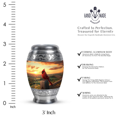 Harvest Gold Cardinal Cremation Urn lifestyle display on memorial shelf - royal cardinal engraving with decorative scrollwork - mini keepsake memorial for portion of cremation ashes