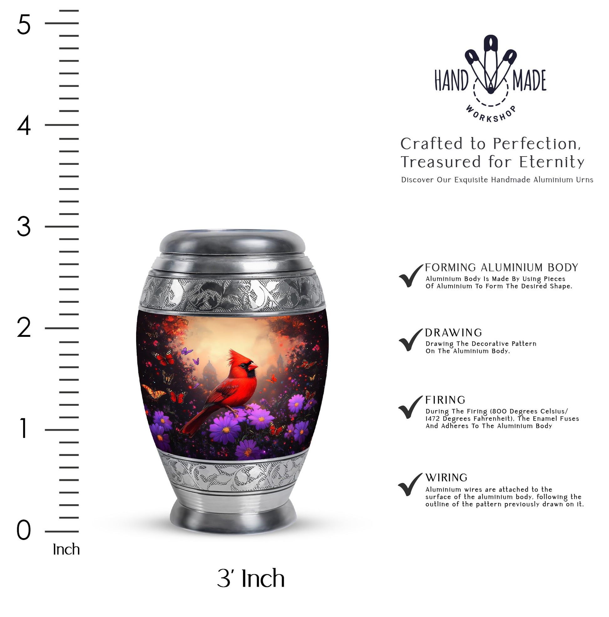 Midnight Black Cardinal Cremation Urn lifestyle display on memorial shelf - royal cardinal engraving with decorative scrollwork - mini keepsake memorial for portion of cremation ashes