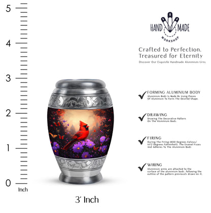 Midnight Black Cardinal Cremation Urn lifestyle display on memorial shelf - royal cardinal engraving with decorative scrollwork - mini keepsake memorial for portion of cremation ashes