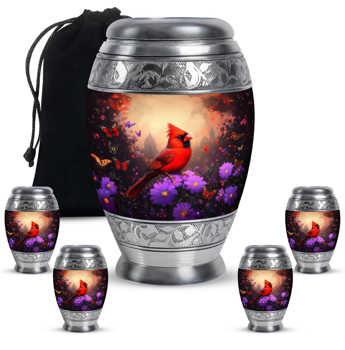 Obsidian Black Cardinal Cremation Urn detail view - royal cardinal engraving with decorative scrollwork - memorial set with one large and four small urns