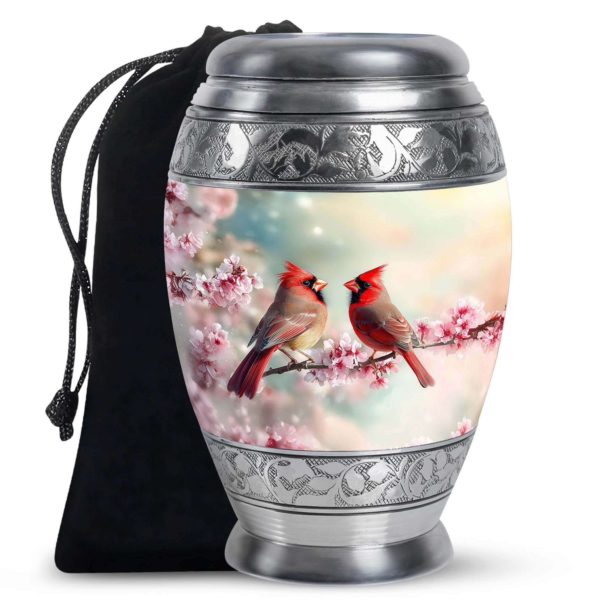 Tropical Teal Cardinal Cremation Urn back view with polished surface - majestic cardinal pattern with filigree border - full-size 10 inch 200 cubic inch adult cremation urn