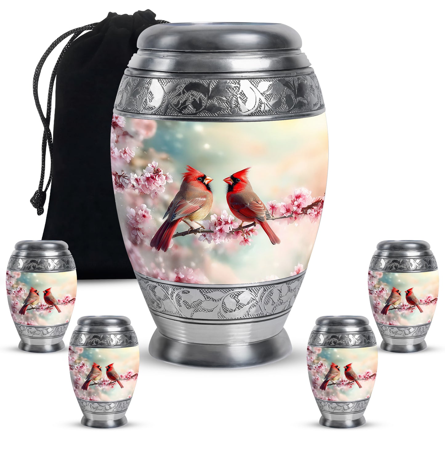 Mystic Teal Cardinal Cremation Urn detail view - royal cardinal engraving with decorative scrollwork - memorial set with one large and four small urns