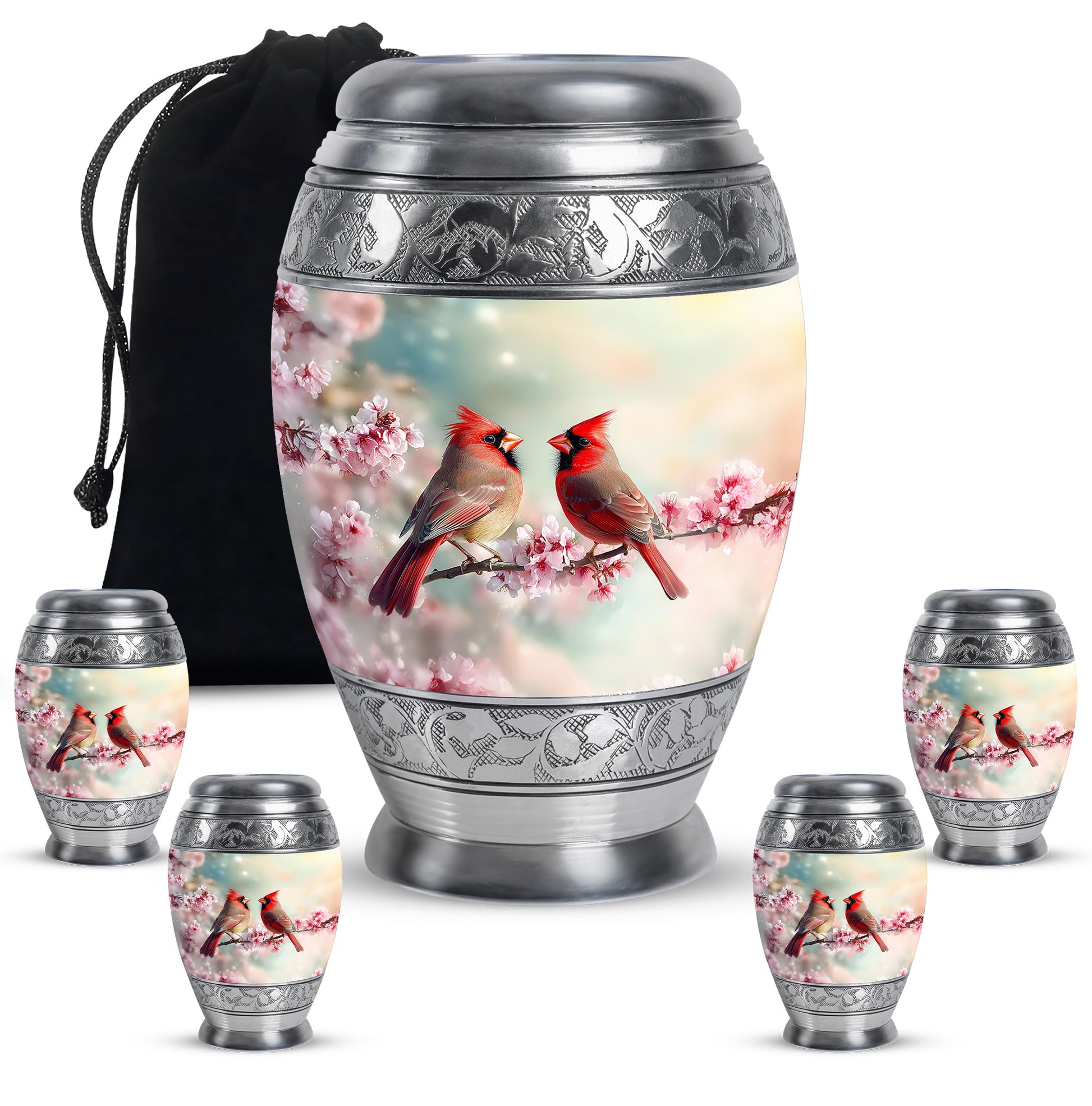 Mystic Teal Cardinal Cremation Urn detail view - royal cardinal engraving with decorative scrollwork - memorial set with one large and four small urns