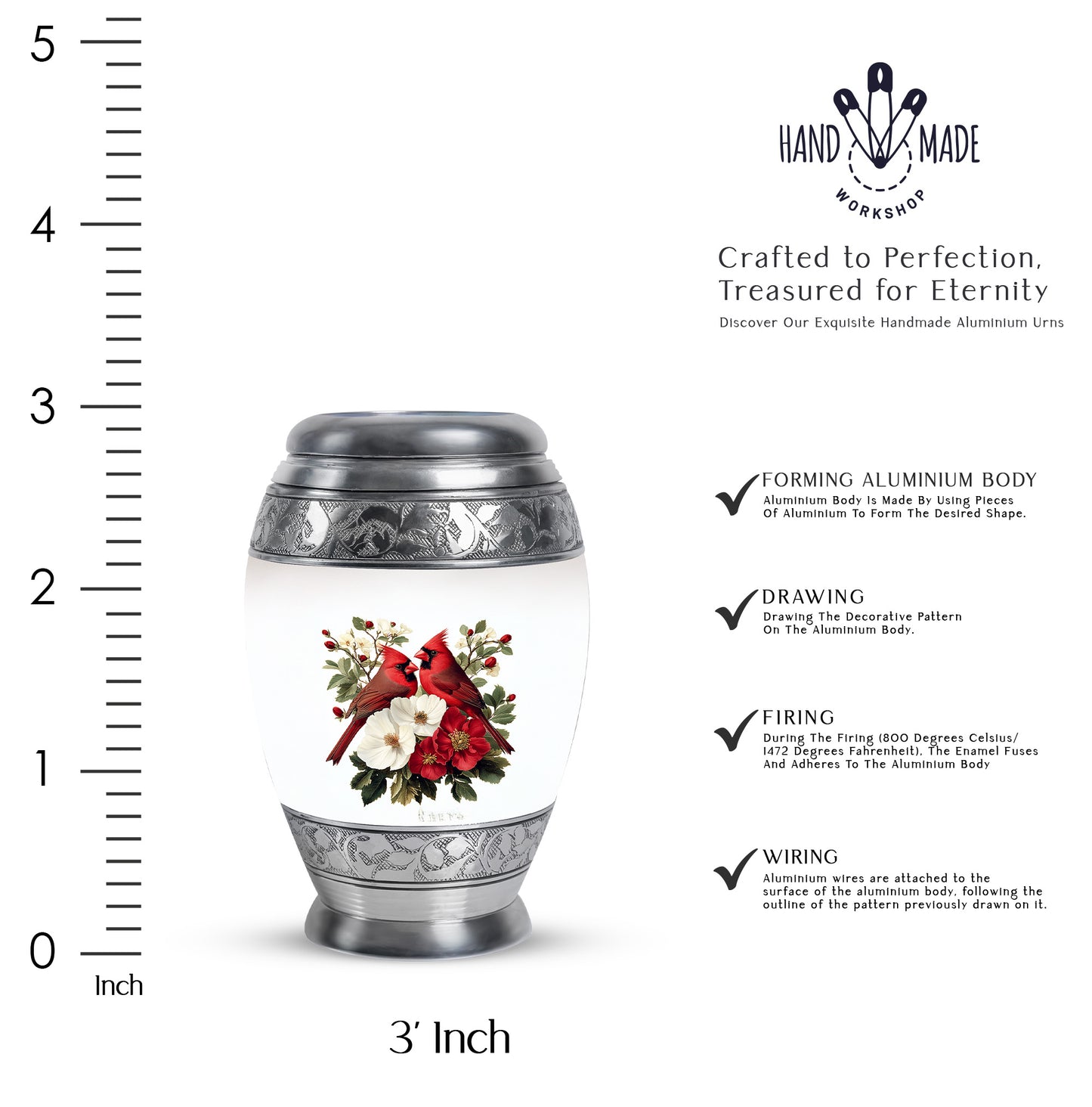 Chrome Silver Cardinal Cremation Urn lifestyle display on memorial shelf - royal cardinal engraving with decorative scrollwork - mini keepsake memorial for portion of cremation ashes