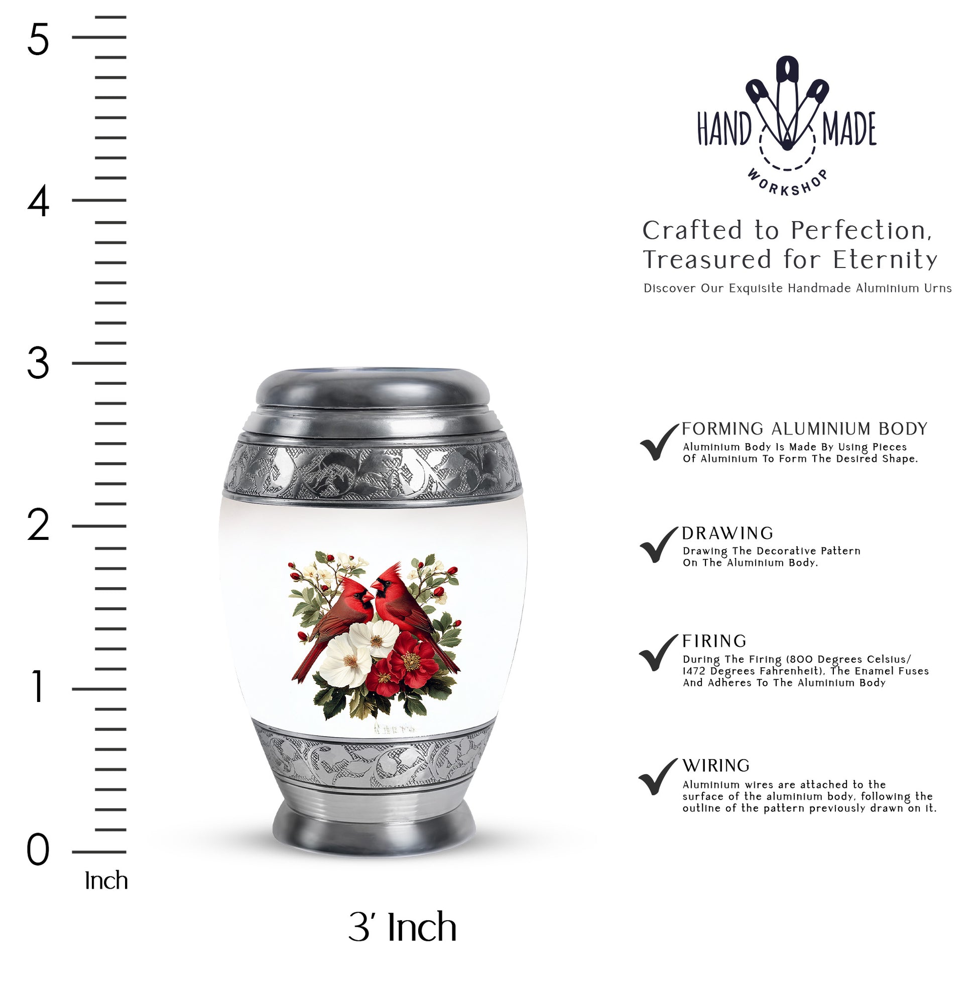 Chrome Silver Cardinal Cremation Urn lifestyle display on memorial shelf - royal cardinal engraving with decorative scrollwork - mini keepsake memorial for portion of cremation ashes