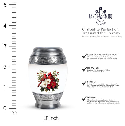 Chrome Silver Cardinal Cremation Urn lifestyle display on memorial shelf - royal cardinal engraving with decorative scrollwork - mini keepsake memorial for portion of cremation ashes