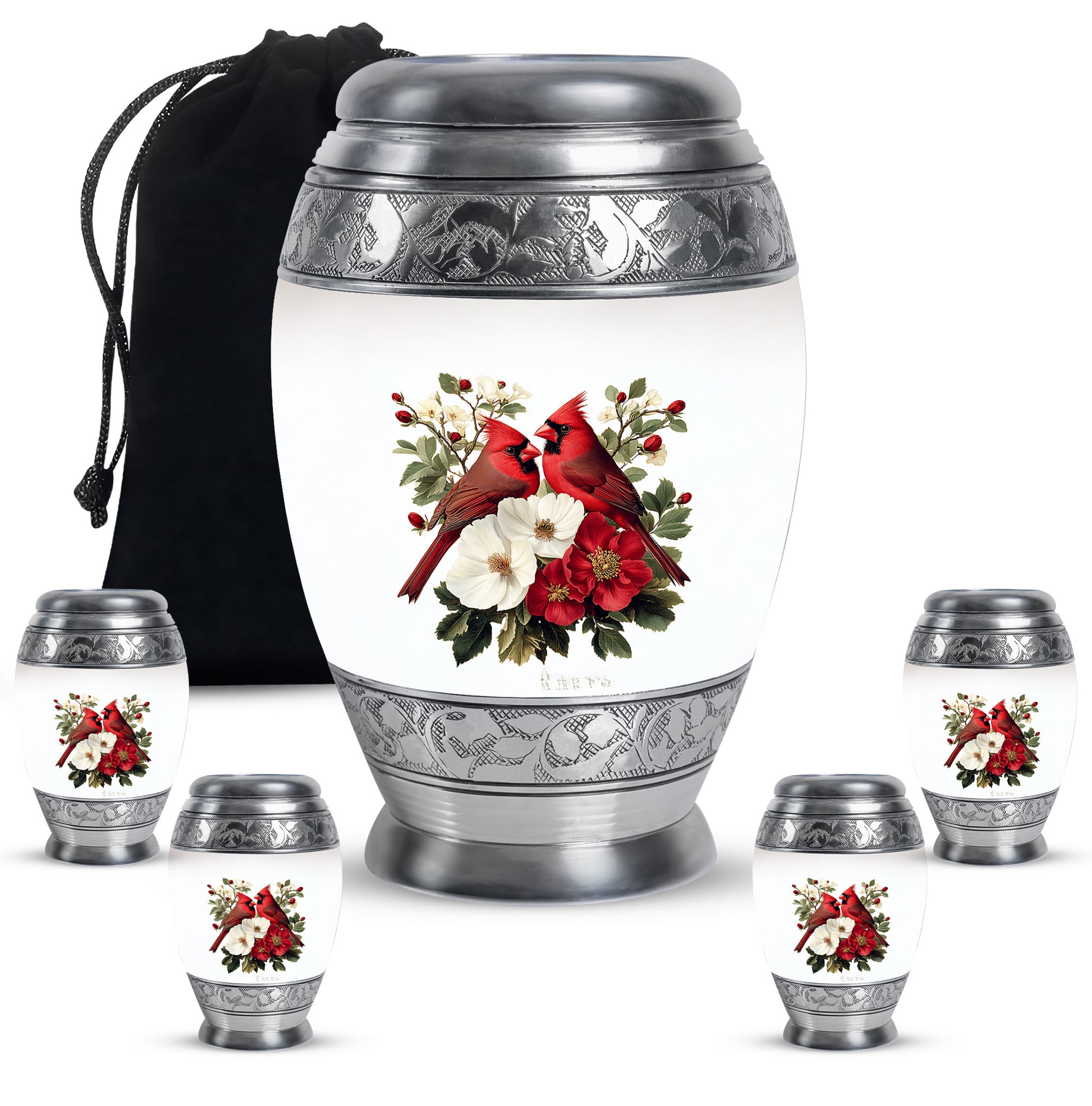 Sterling Silver Cardinal Cremation Urn detail view - regal cardinal design with crown-inspired accents - memorial set with one large and four small urns