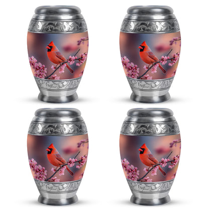 Rose Pink Cardinal Cremation Urn urn with complimentary velvet bag - ornate monarch-style cardinal relief on brushed aluminum - 10 inch aluminum urn for cremated remains