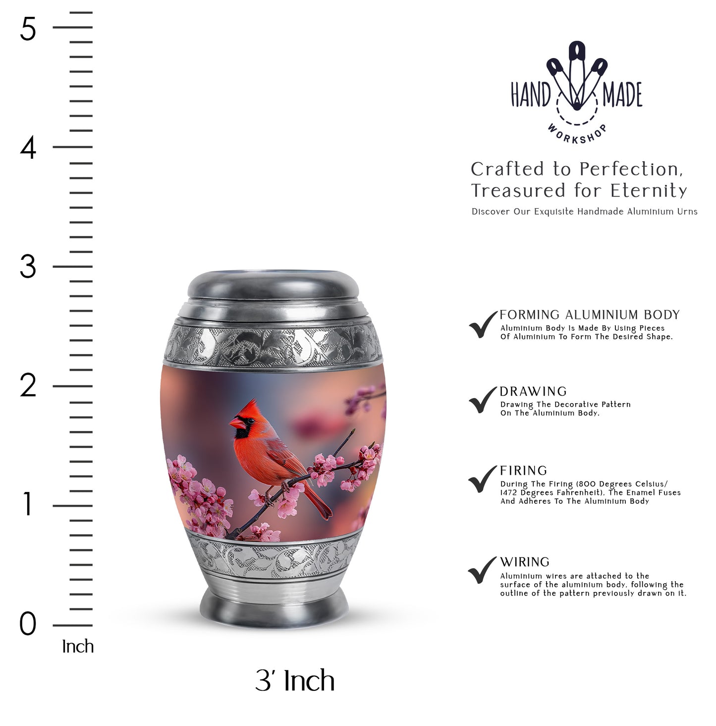 Dusty Pink Cardinal Cremation Urn lifestyle display on memorial shelf - royal cardinal engraving with decorative scrollwork - mini keepsake memorial for portion of cremation ashes