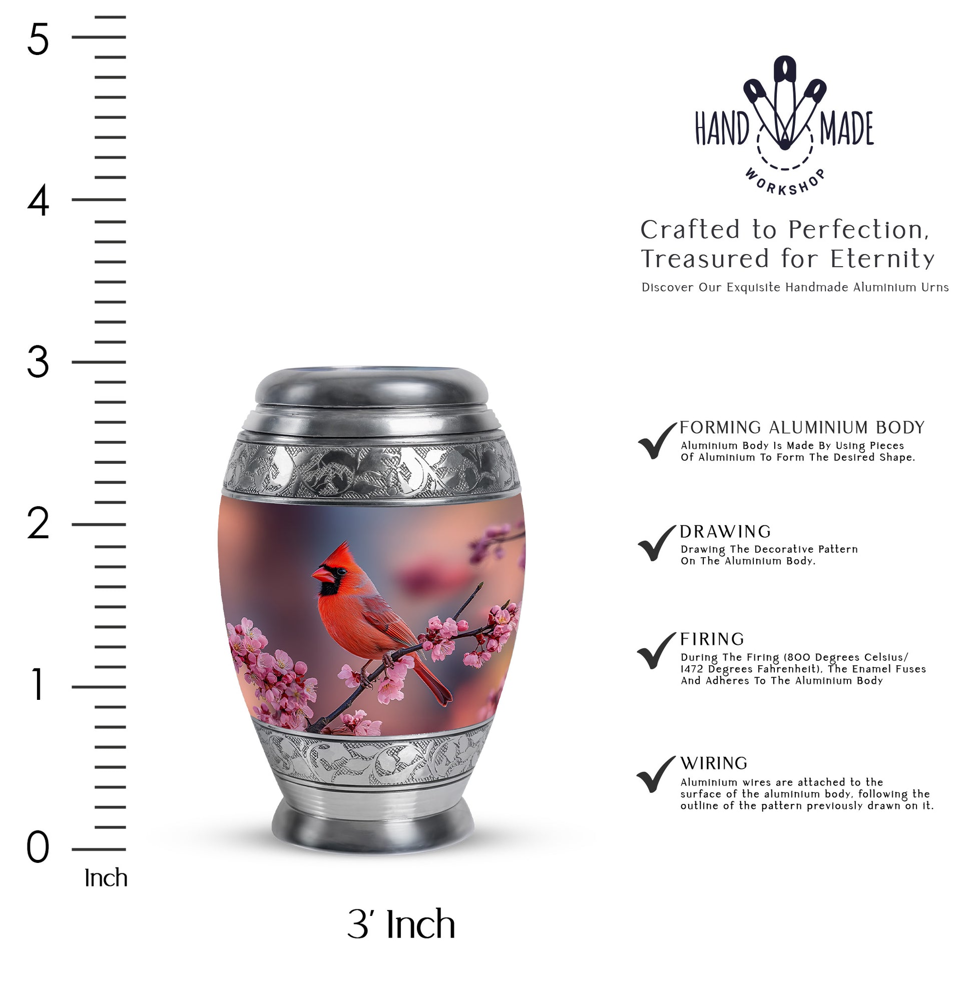 Dusty Pink Cardinal Cremation Urn lifestyle display on memorial shelf - royal cardinal engraving with decorative scrollwork - mini keepsake memorial for portion of cremation ashes