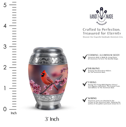 Dusty Pink Cardinal Cremation Urn lifestyle display on memorial shelf - royal cardinal engraving with decorative scrollwork - mini keepsake memorial for portion of cremation ashes