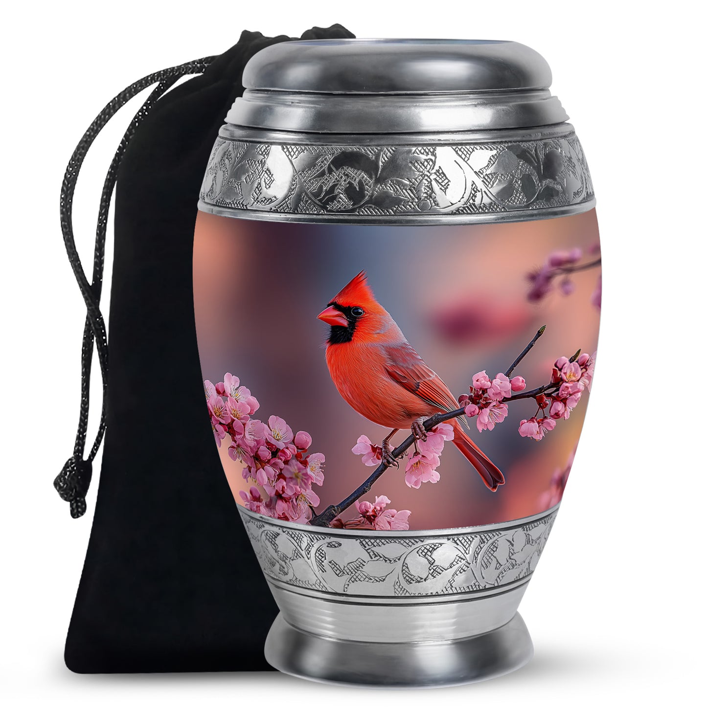 Rose Pink Cardinal Cremation Urn back view with polished surface - ornate monarch-style cardinal relief on brushed aluminum - full-size 10 inch 200 cubic inch adult cremation urn