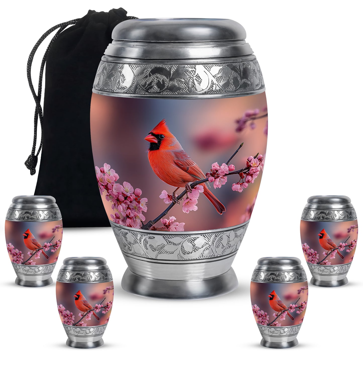 Blush Pink Cardinal Cremation Urn detail view - regal cardinal design with crown-inspired accents - memorial set with one large and four small urns