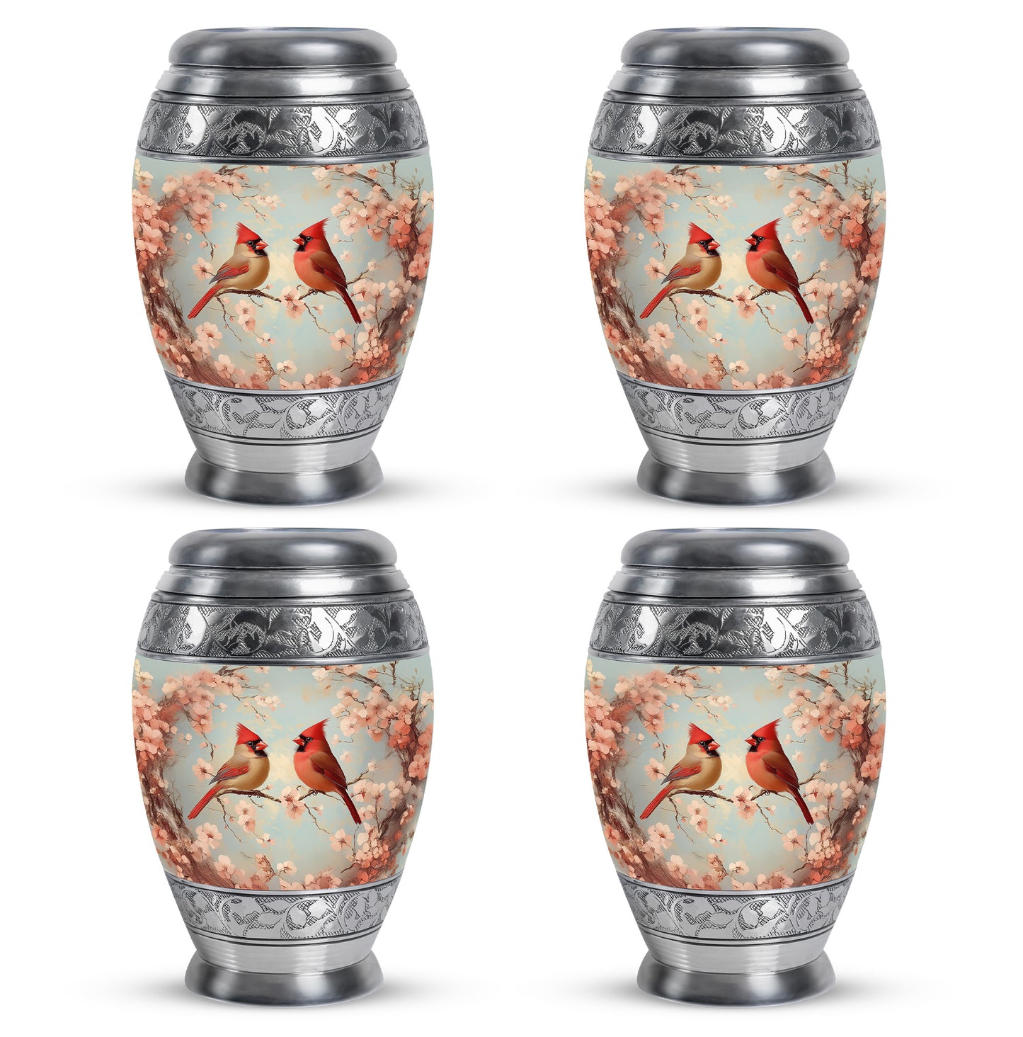 Ash Gray Cardinal Cremation Urn urn with complimentary velvet bag - majestic cardinal pattern with filigree border - 10 inch aluminum urn for cremated remains