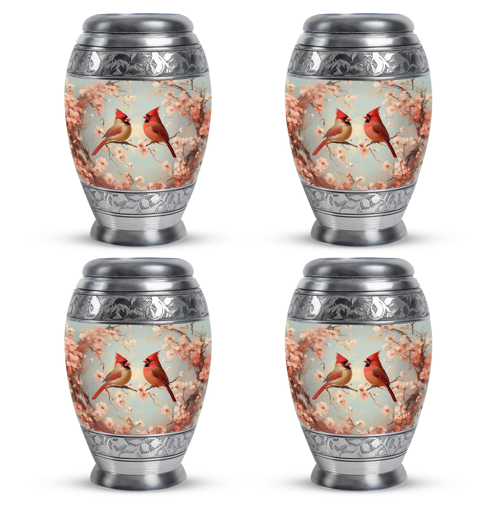 Ash Gray Cardinal Cremation Urn urn with complimentary velvet bag - majestic cardinal pattern with filigree border - 10 inch aluminum urn for cremated remains