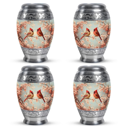 Ash Gray Cardinal Cremation Urn urn with complimentary velvet bag - majestic cardinal pattern with filigree border - 10 inch aluminum urn for cremated remains