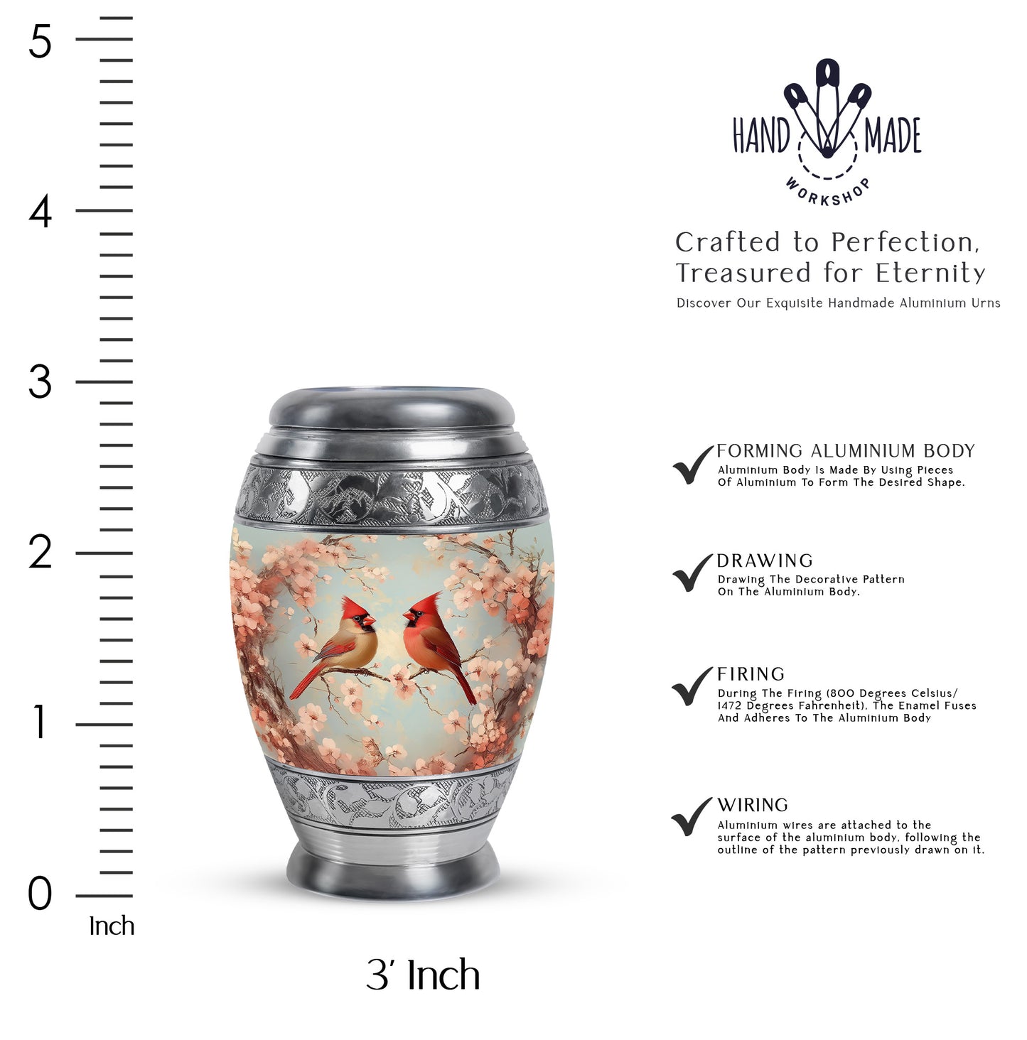 Slate Gray Cardinal Cremation Urn lifestyle display on memorial shelf - majestic cardinal pattern with filigree border - mini keepsake memorial for portion of cremation ashes