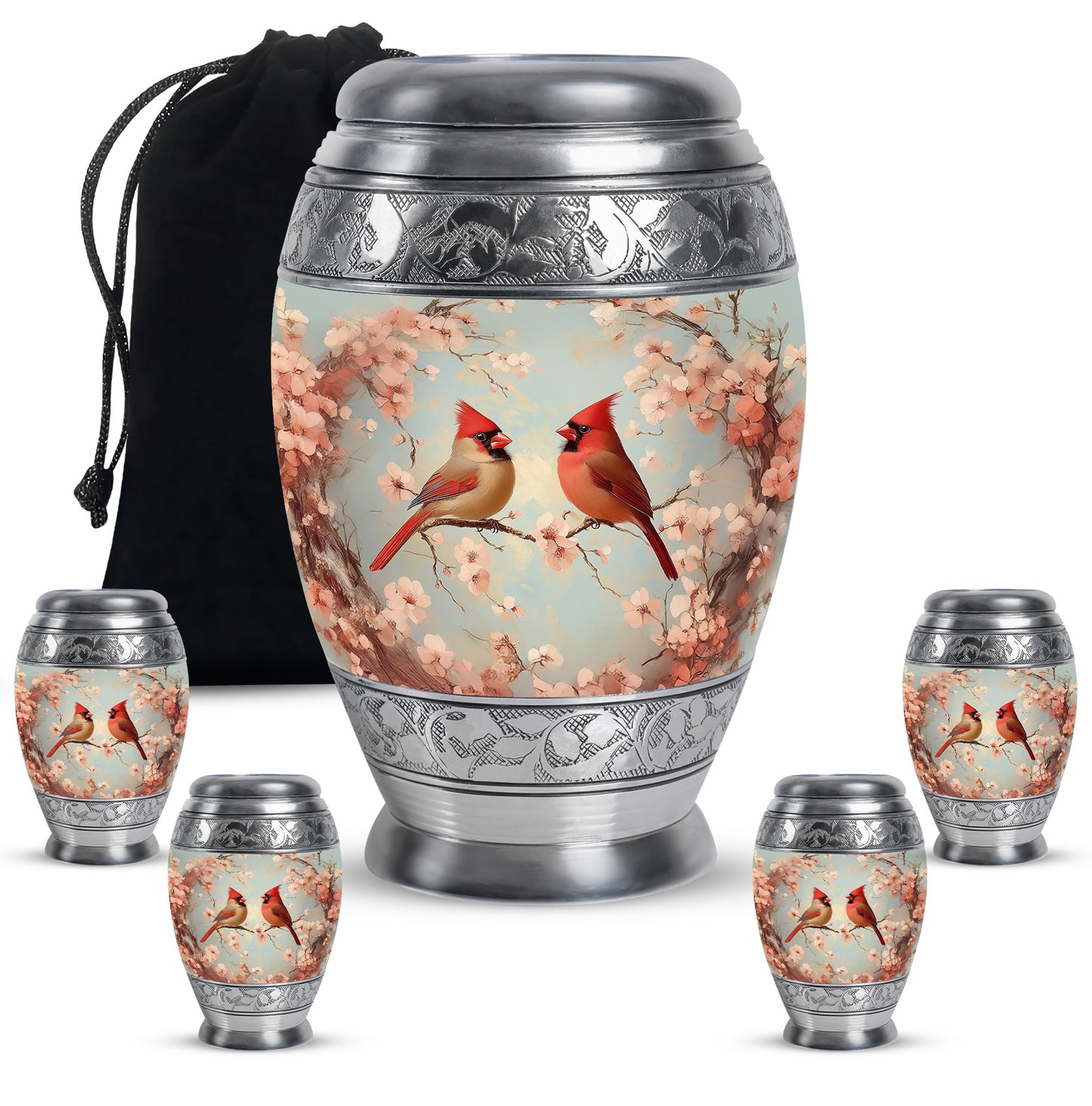 Charcoal Gray Cardinal Cremation Urn detail view - regal cardinal design with crown-inspired accents - memorial set with one large and four small urns