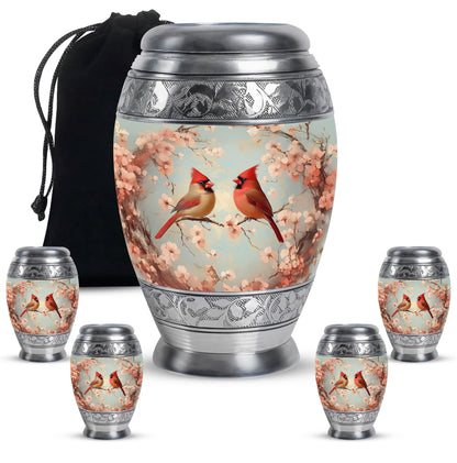 Charcoal Gray Cardinal Cremation Urn detail view - regal cardinal design with crown-inspired accents - memorial set with one large and four small urns