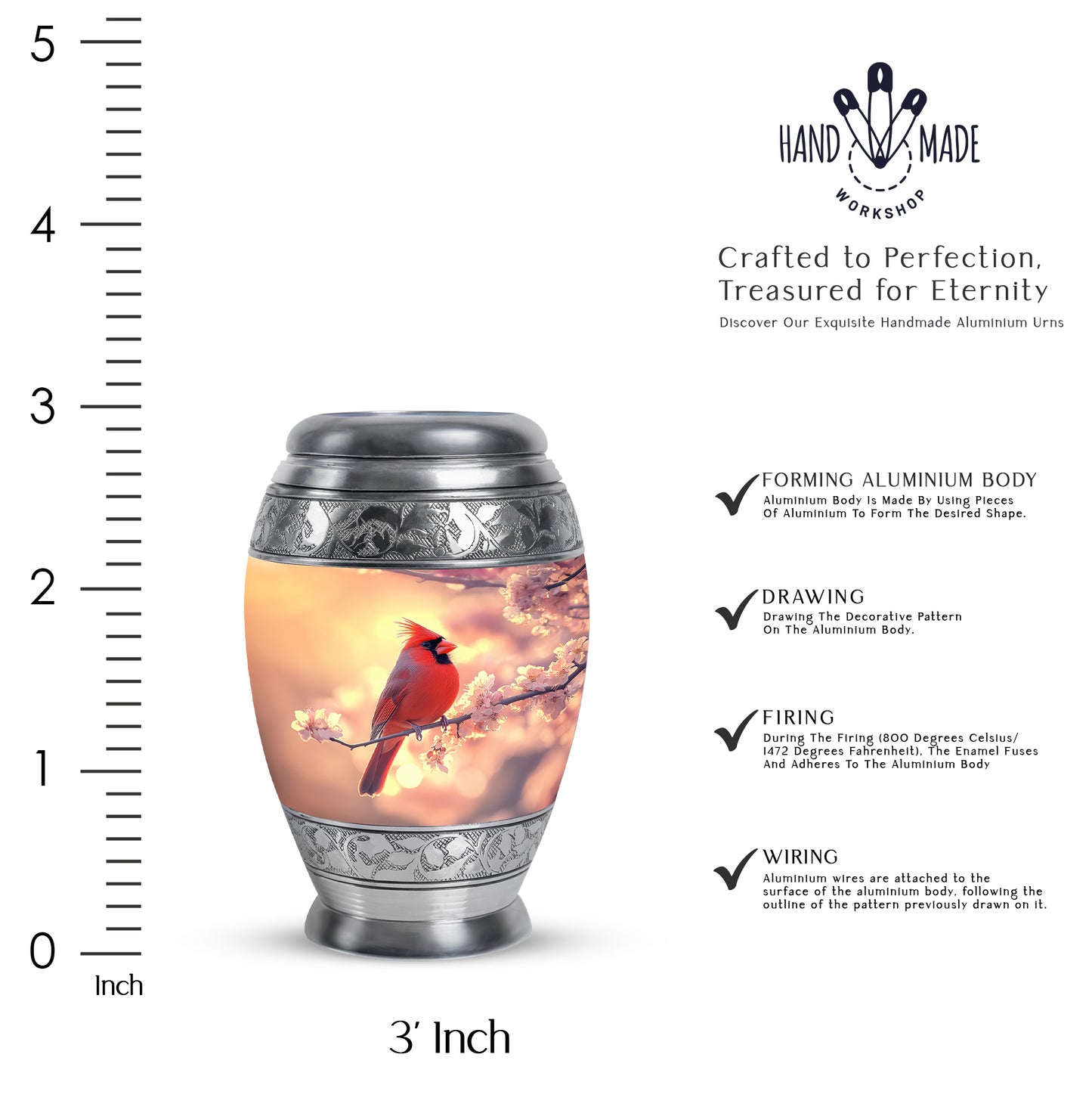 Burnished Gold Cardinal Cremation Urn lifestyle display on memorial shelf - majestic cardinal pattern with filigree border - mini keepsake memorial for portion of cremation ashes