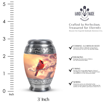 Burnished Gold Cardinal Cremation Urn lifestyle display on memorial shelf - majestic cardinal pattern with filigree border - mini keepsake memorial for portion of cremation ashes