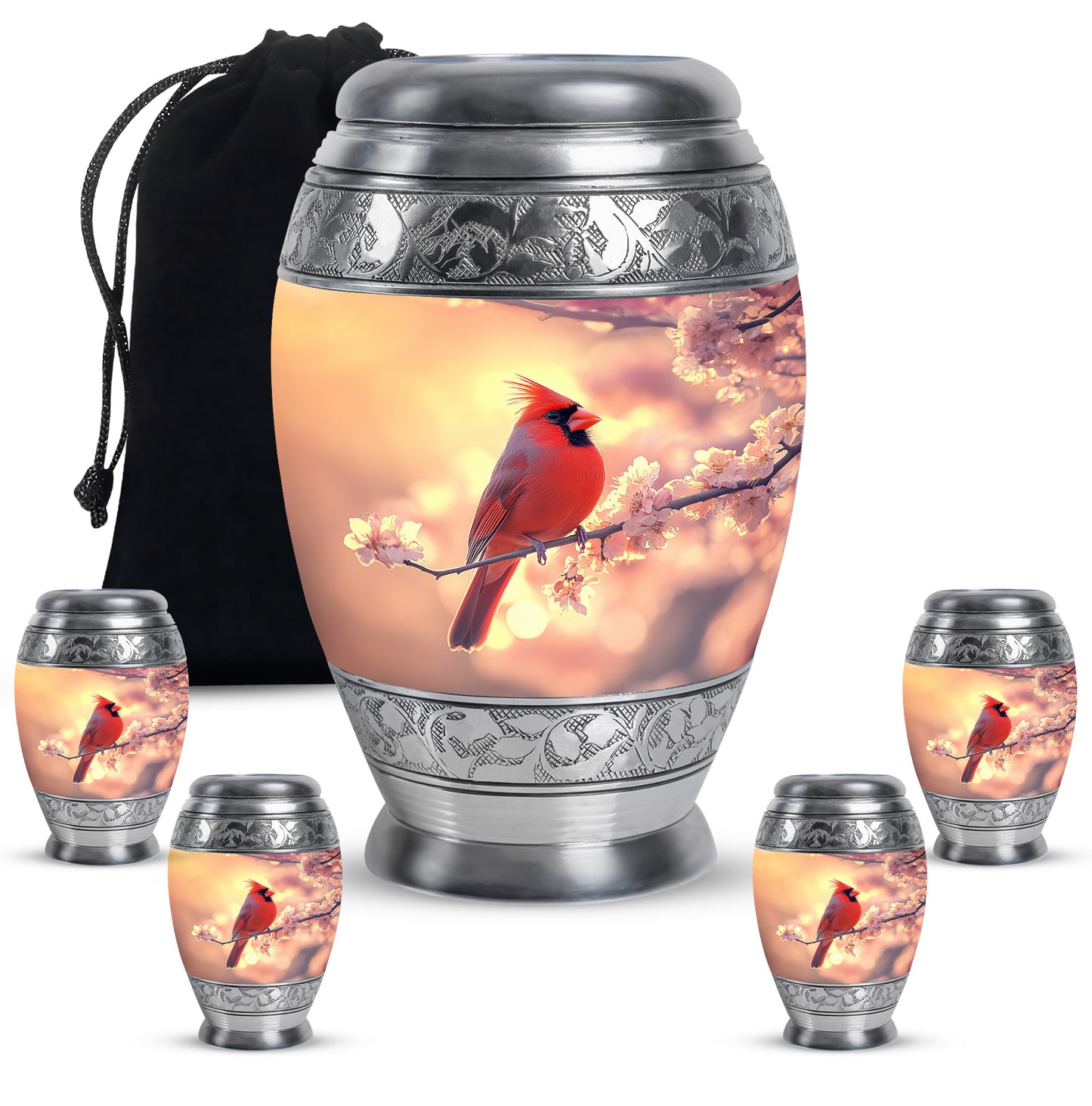 Harvest Gold Cardinal Cremation Urn detail view - royal cardinal engraving with decorative scrollwork - memorial set with one large and four small urns