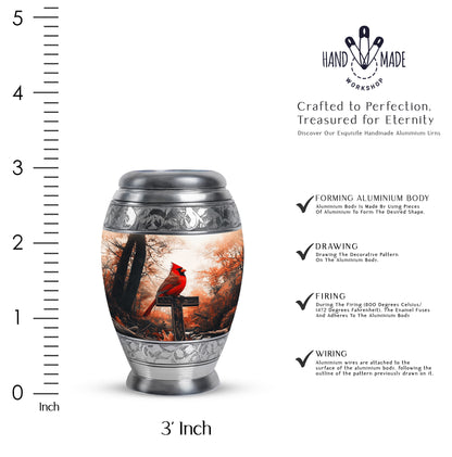 Antique Gold Cardinal Cremation Urn lifestyle display on memorial shelf - regal cardinal design with crown-inspired accents - mini keepsake memorial for portion of cremation ashes