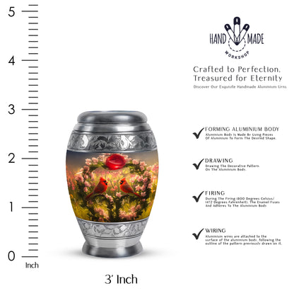 Icy Blue Cardinal Cremation Urn lifestyle display on memorial shelf - regal cardinal design with crown-inspired accents - mini keepsake memorial for portion of cremation ashes