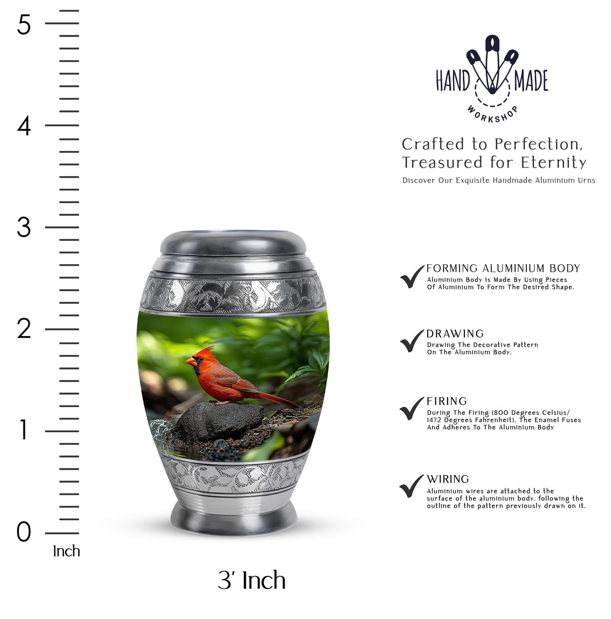 Forest Green Cardinal Cremation Urn lifestyle display on memorial shelf - majestic cardinal pattern with filigree border - mini keepsake memorial for portion of cremation ashes