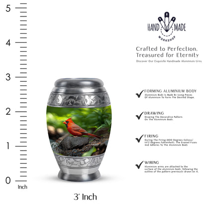 Forest Green Cardinal Cremation Urn lifestyle display on memorial shelf - majestic cardinal pattern with filigree border - mini keepsake memorial for portion of cremation ashes