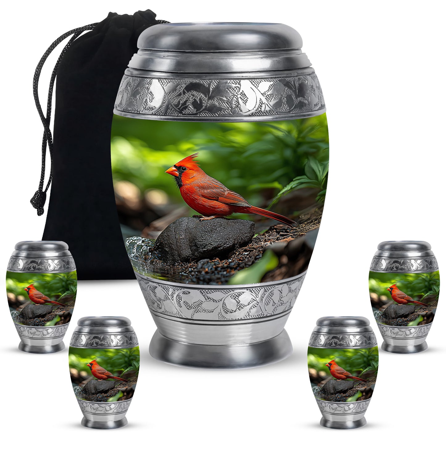 Hunter Green Cardinal Cremation Urn detail view - majestic cardinal pattern with filigree border - memorial set with one large and four small urns