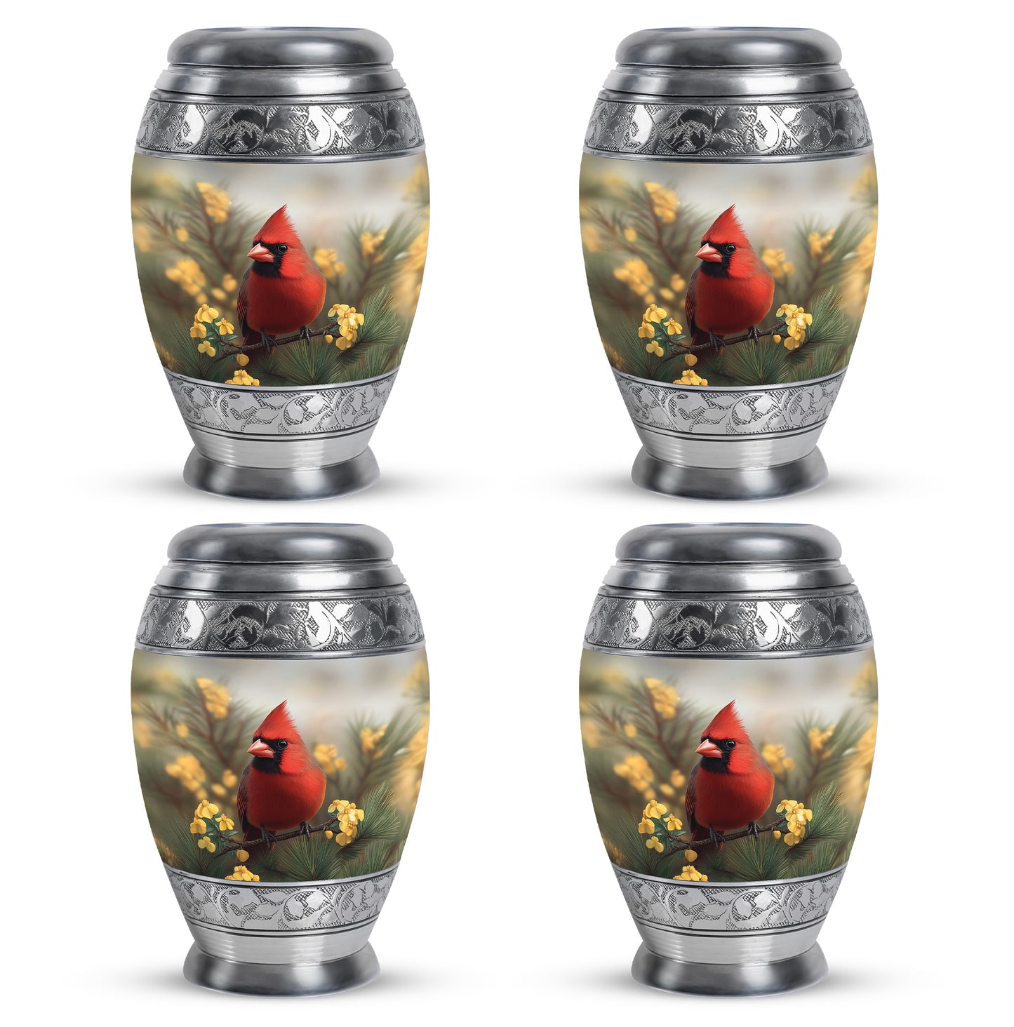Steel Gray Cardinal Cremation Urn urn with complimentary velvet bag - royal cardinal engraving with decorative scrollwork - 10 inch aluminum urn for cremated remains