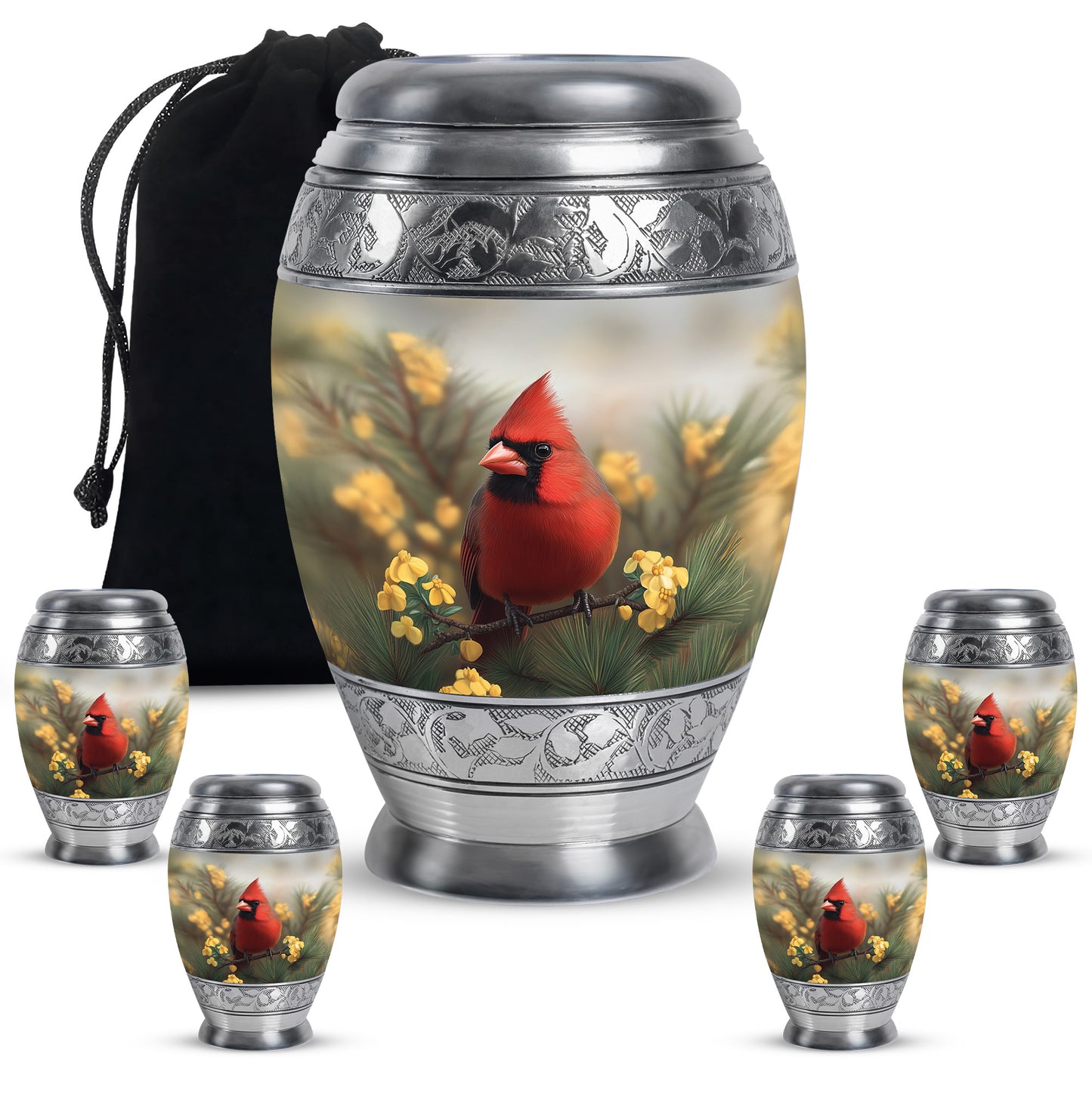 Storm Gray Cardinal Cremation Urn detail view - majestic cardinal pattern with filigree border - memorial set with one large and four small urns