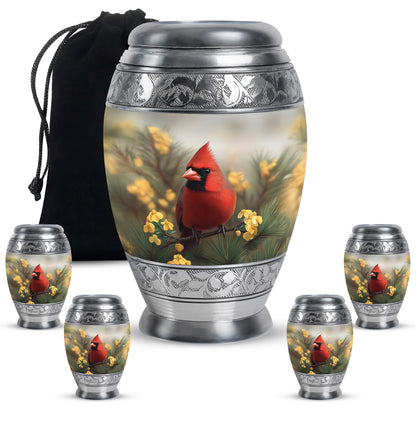 Storm Gray Cardinal Cremation Urn detail view - majestic cardinal pattern with filigree border - memorial set with one large and four small urns