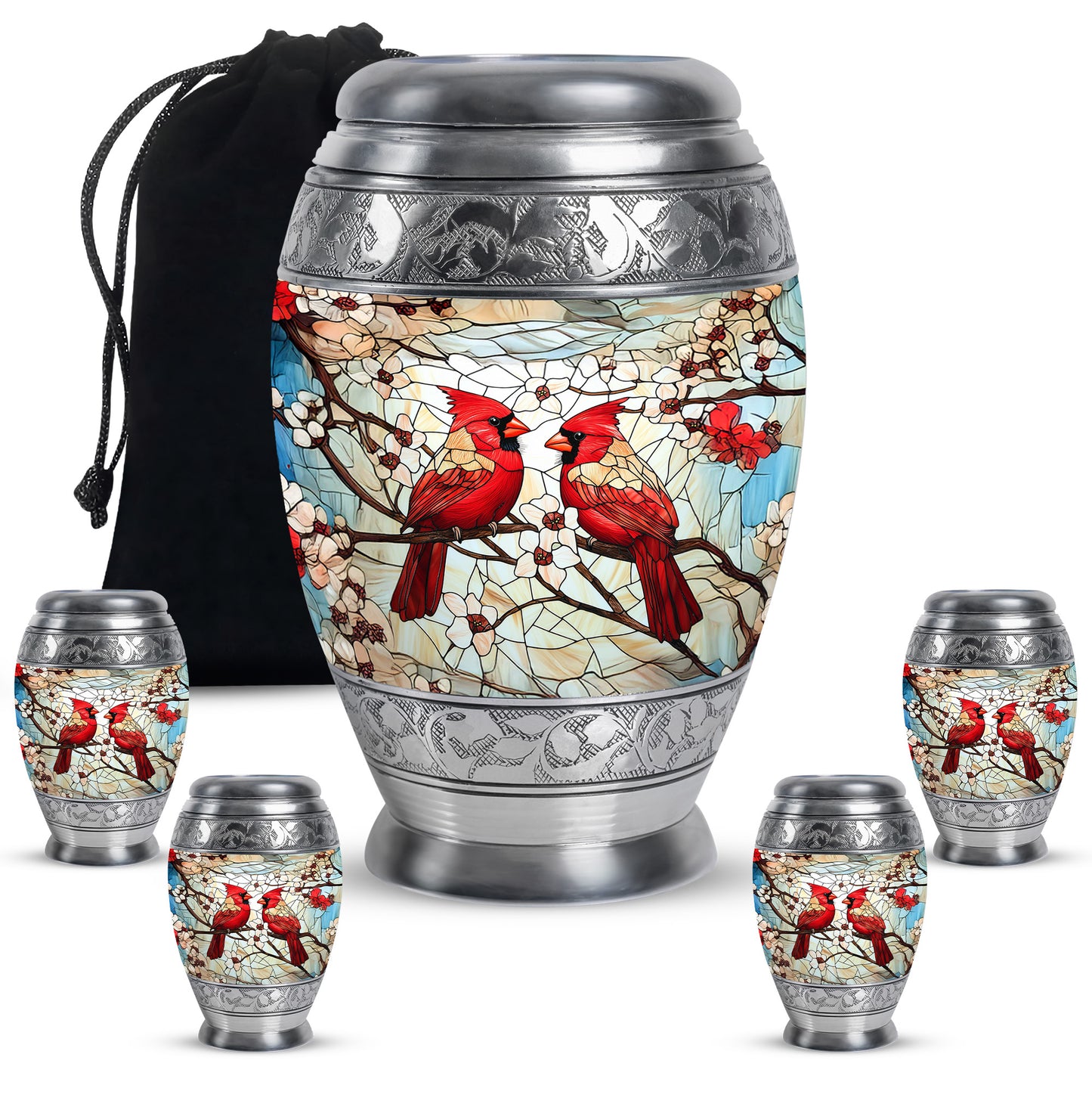 Harvest Gold Cardinal Cremation Urn detail view - royal cardinal engraving with decorative scrollwork - memorial set with one large and four small urns