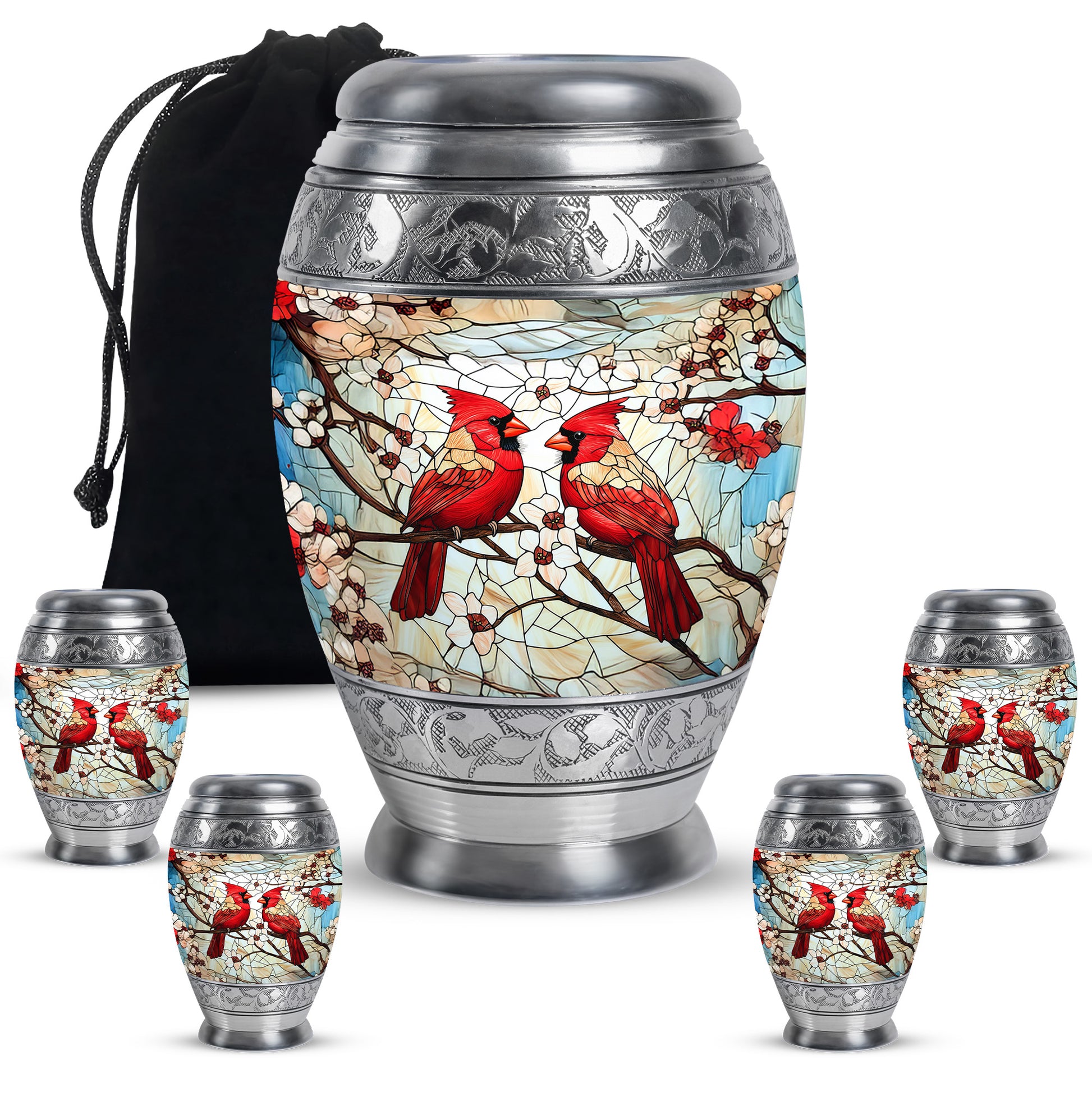 Harvest Gold Cardinal Cremation Urn detail view - royal cardinal engraving with decorative scrollwork - memorial set with one large and four small urns