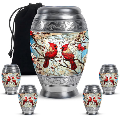 Harvest Gold Cardinal Cremation Urn detail view - royal cardinal engraving with decorative scrollwork - memorial set with one large and four small urns