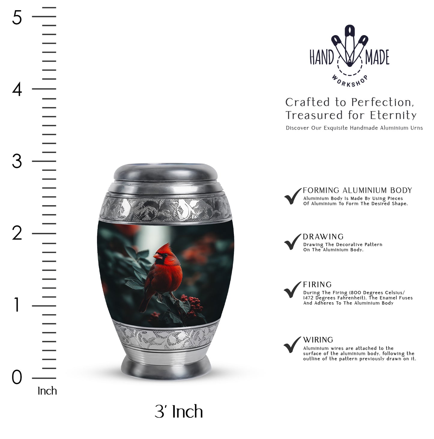 Dark Black Cardinal Cremation Urn lifestyle display on memorial shelf - royal cardinal engraving with decorative scrollwork - mini keepsake memorial for portion of cremation ashes