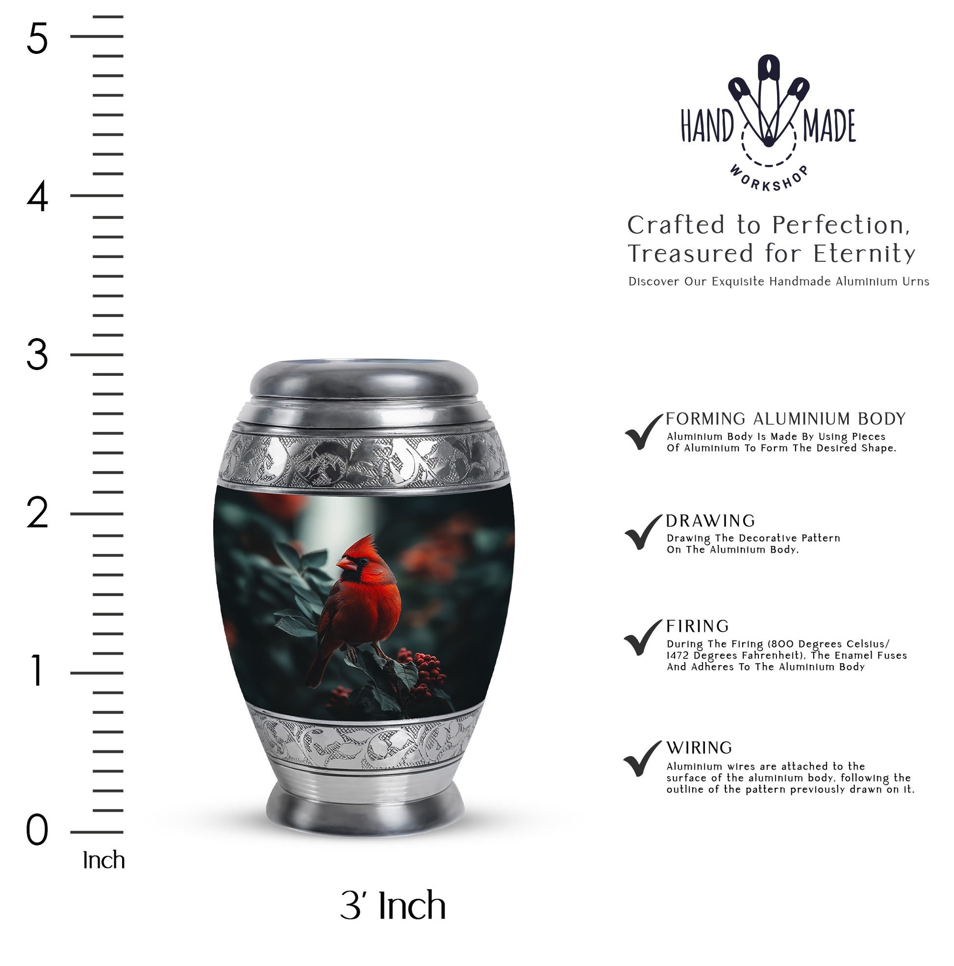 Dark Black Cardinal Cremation Urn lifestyle display on memorial shelf - royal cardinal engraving with decorative scrollwork - mini keepsake memorial for portion of cremation ashes