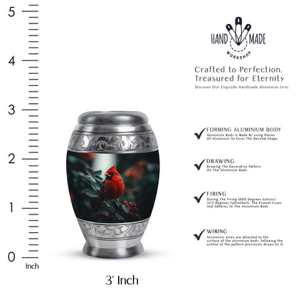 Dark Black Cardinal Cremation Urn lifestyle display on memorial shelf - royal cardinal engraving with decorative scrollwork - mini keepsake memorial for portion of cremation ashes