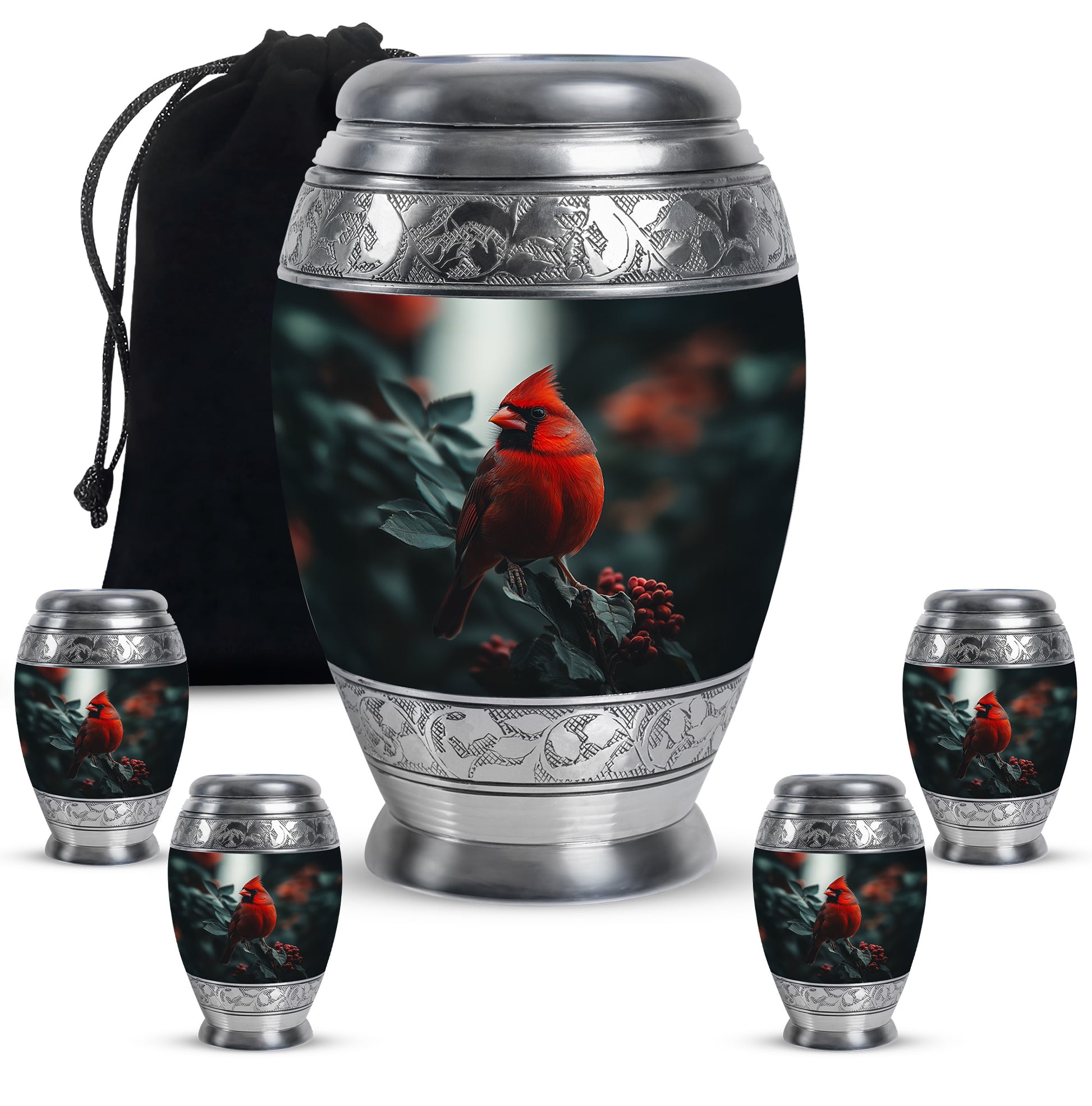 Charcoal Black Cardinal Cremation Urn detail view - majestic cardinal pattern with filigree border - memorial set with one large and four small urns