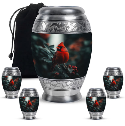 Charcoal Black Cardinal Cremation Urn detail view - majestic cardinal pattern with filigree border - memorial set with one large and four small urns